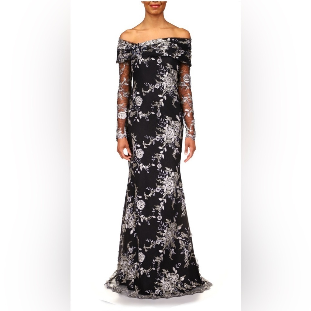 NWT Badgley Mischka Lace Off-the-Shoulder Beaded Gown Dress 6